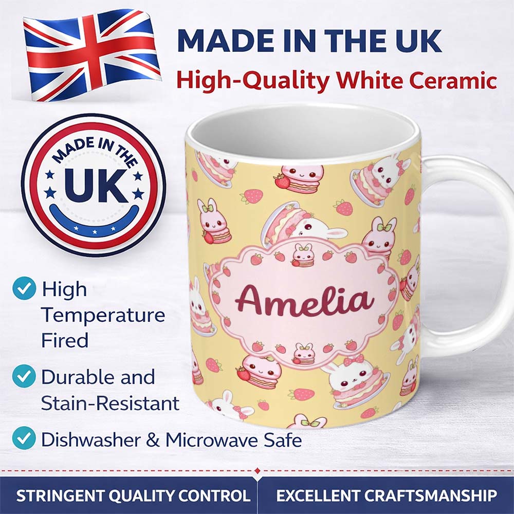 Personalized Custom Name Cute Strawberry Bunny Macaron Dessert Kawaii Yellow Background 11oz Ceramic Coffee Tea Mug White Large Handle