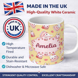 Personalized Custom Name Cute Strawberry Bunny Macaron Dessert Kawaii Yellow Background 11oz Ceramic Coffee Tea Mug White Large Handle