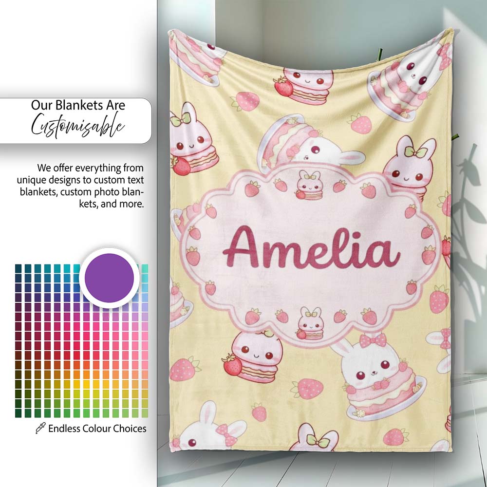 Cute Strawberry Bunny Macaron Dessert Kawaii Yellow Background  Personalised Custom Name Super Soft Fleece Blanket Bed Sofa Throw
