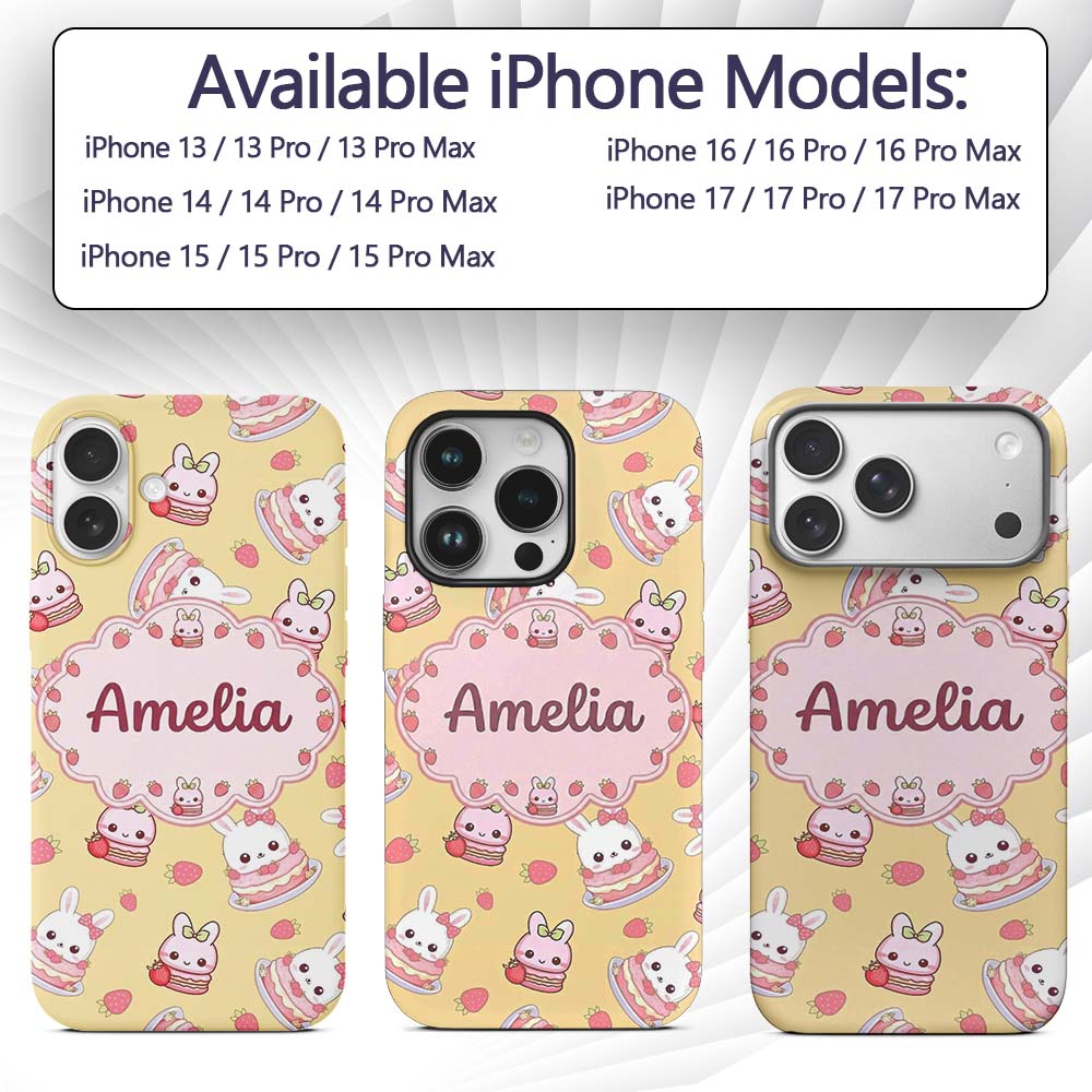 Cute Strawberry Bunny Macaron Dessert Kawaii Custom Name Protective Phone Case Mobile Cover Durable Everyday Smartphone Shock Resistant