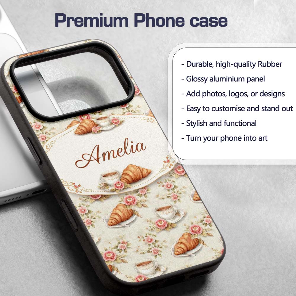 Floral Vintage Croissant Tea Cup Seamless Pattern Custom Name Protective Phone Case Mobile Cover Durable Everyday Smartphone Shock Resistant