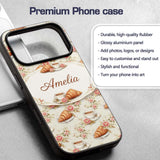 Floral Vintage Croissant Tea Cup Seamless Pattern Custom Name Protective Phone Case Mobile Cover Durable Everyday Smartphone Shock Resistant