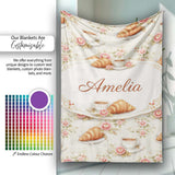 Floral Vintage Croissant Tea Cup Seamless Pattern Shabby Chic Style  Personalised Custom Name Super Soft Fleece Blanket Bed Sofa Throw