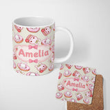 Personalized Custom Name Cute Bunny Donut Strawberry Dessert Kawaii Cream Background 11oz Ceramic Coffee Tea Mug White Large Handle