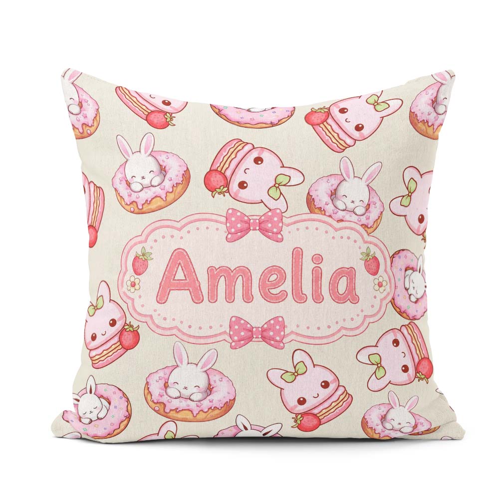 Custom Name Cute Bunny Donut Strawberry Dessert Cream Background Square Filled Cushion Throw Pillow Sofa Bed Home Decor Zip Washable UK Made