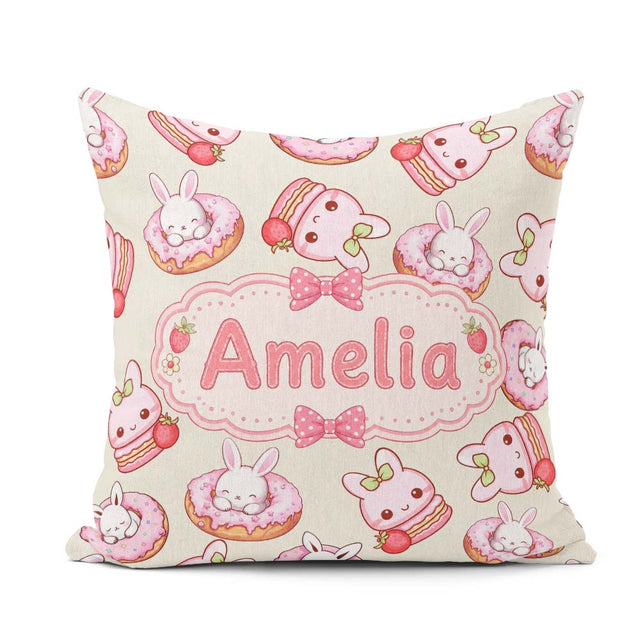 Custom Name Cute Bunny Donut Strawberry Dessert Cream Background Square Filled Cushion Throw Pillow Sofa Bed Home Decor Zip Washable UK Made