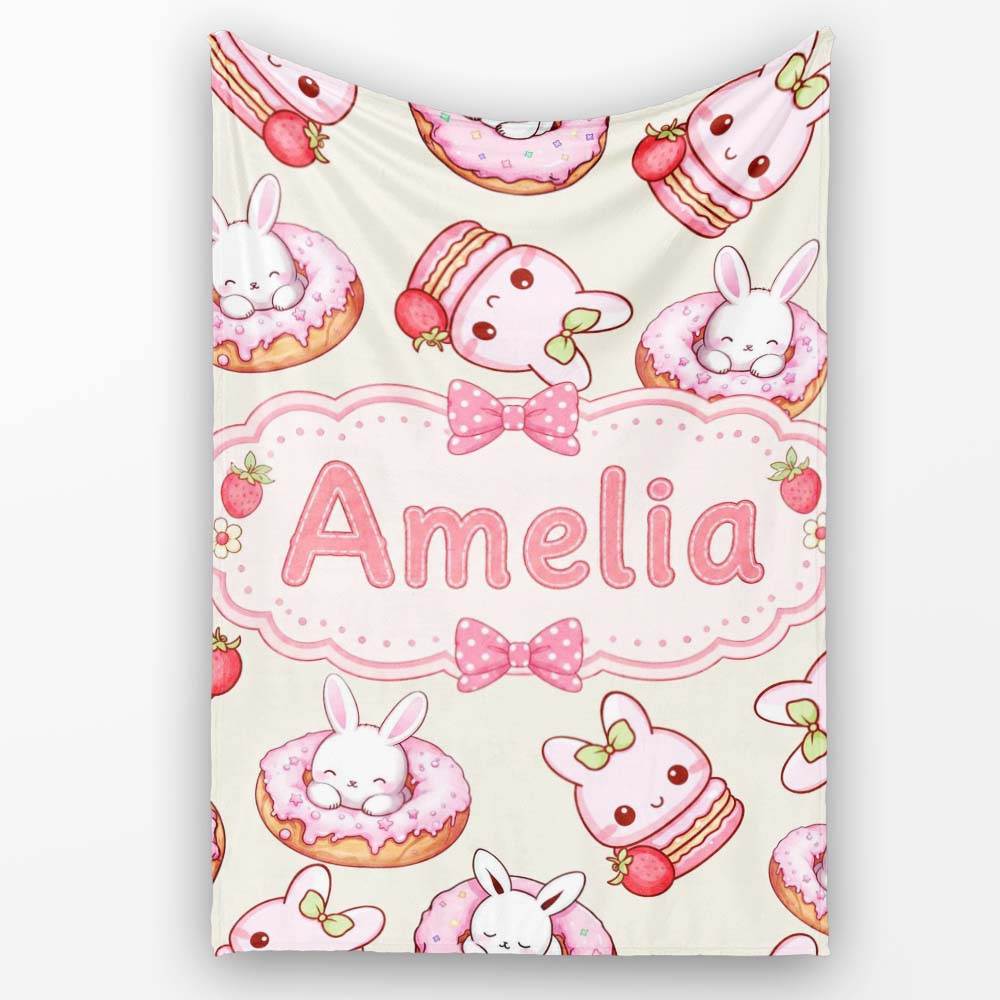 Cute Bunny Donut Strawberry Dessert Kawaii Cream Background  Personalised Custom Name Super Soft Fleece Blanket Bed Sofa Throw