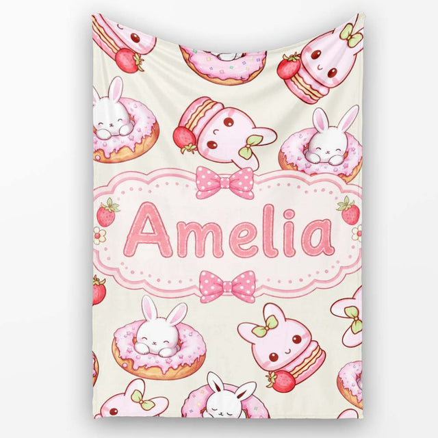 Cute Bunny Donut Strawberry Dessert Kawaii Cream Background  Personalised Custom Name Super Soft Fleece Blanket Bed Sofa Throw
