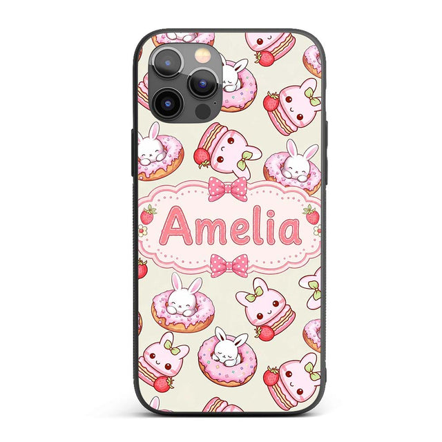 Cute Bunny Donut Strawberry Dessert Kawaii Cream Custom Name Protective Phone Case Mobile Cover Durable Everyday Smartphone Shock Resistant