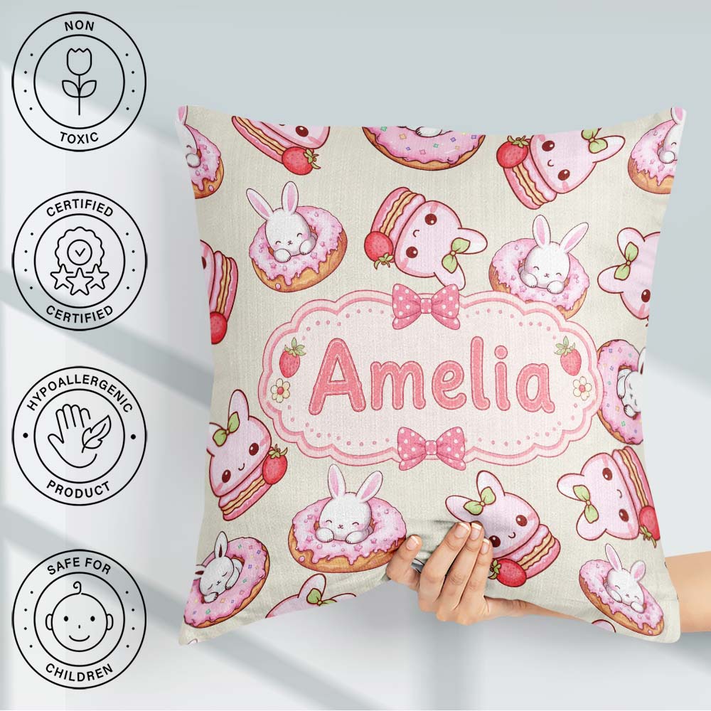 Custom Name Cute Bunny Donut Strawberry Dessert Cream Background Square Filled Cushion Throw Pillow Sofa Bed Home Decor Zip Washable UK Made