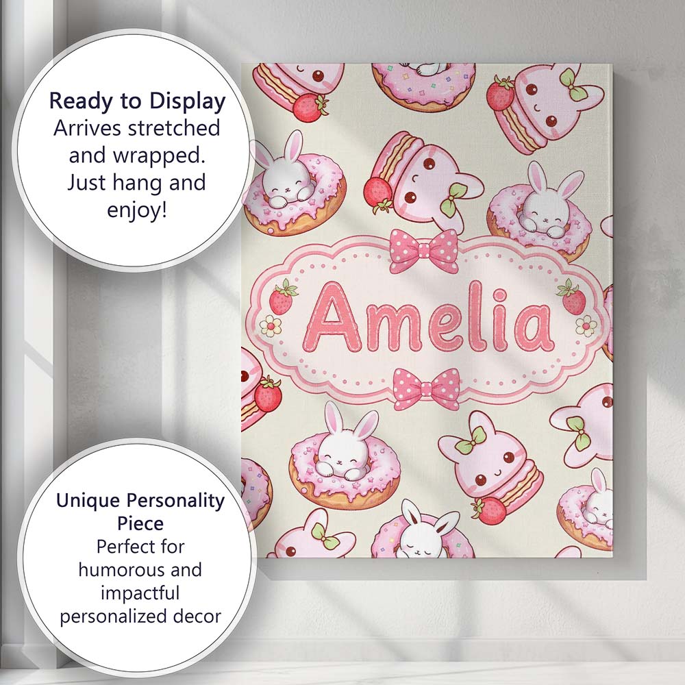 Personalised Name Cute Bunny Donut Strawberry Custom Unique Gift Idea Modern Room Accent Canvas Wall Art Print Decor Picture Ready to Hang