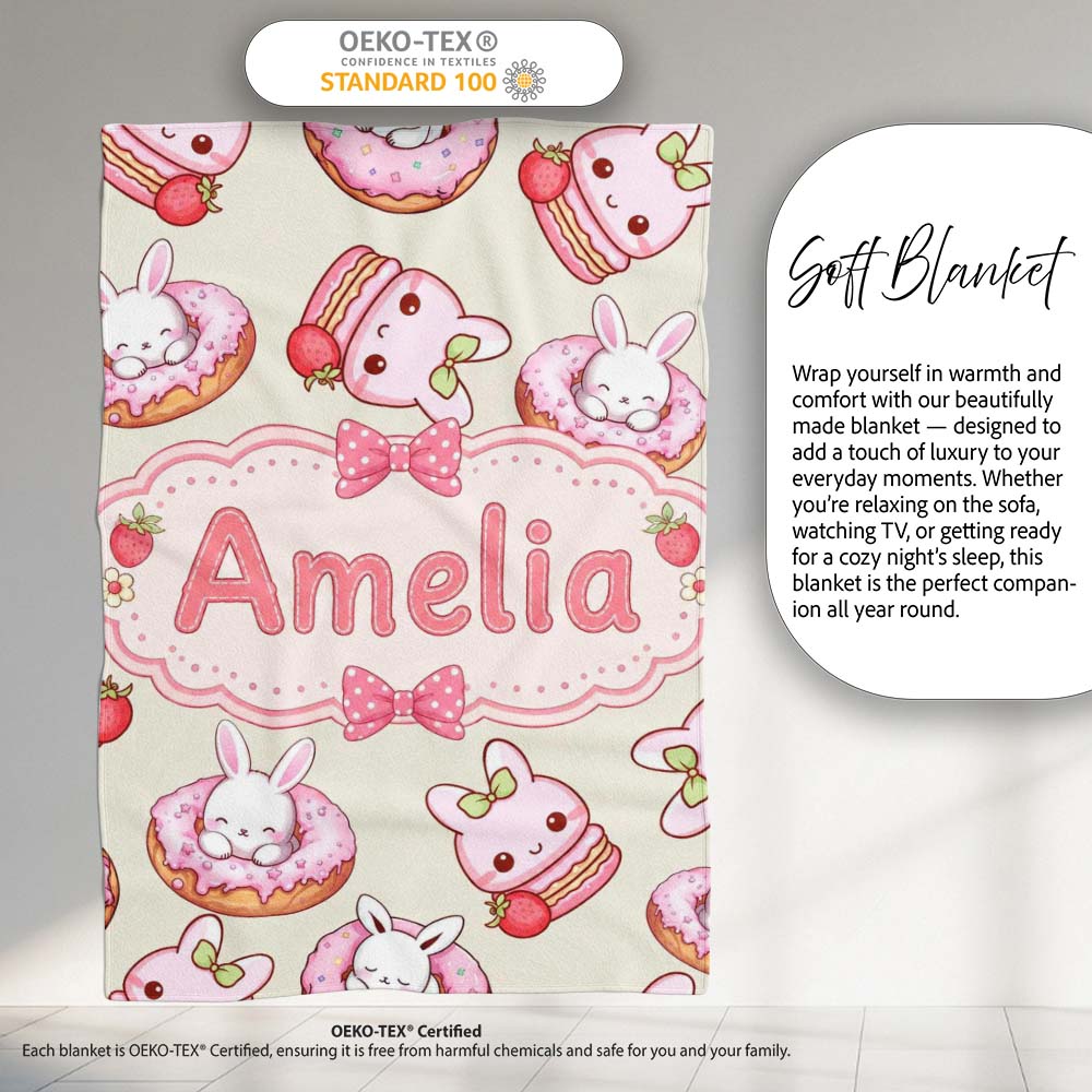Cute Bunny Donut Strawberry Dessert Kawaii Cream Background  Personalised Custom Name Super Soft Fleece Blanket Bed Sofa Throw