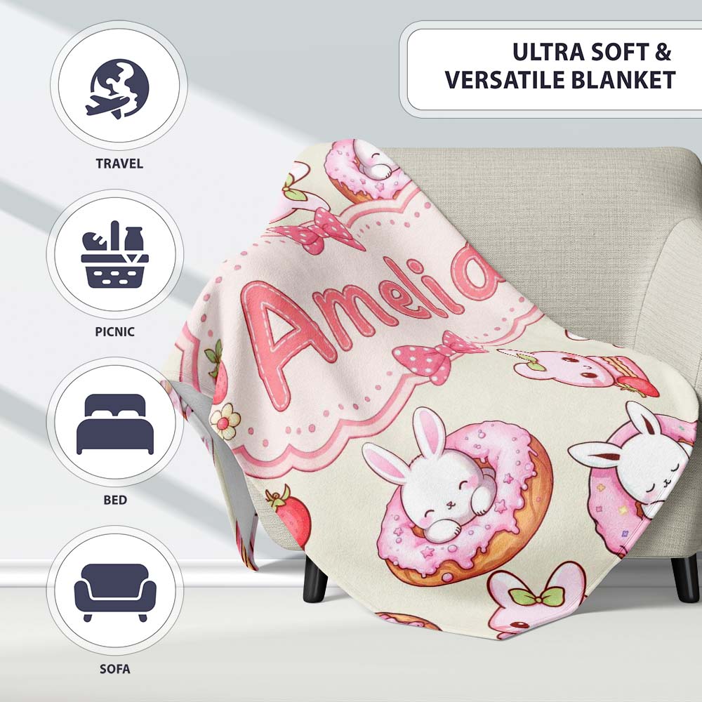Cute Bunny Donut Strawberry Dessert Kawaii Cream Background  Personalised Custom Name Super Soft Fleece Blanket Bed Sofa Throw
