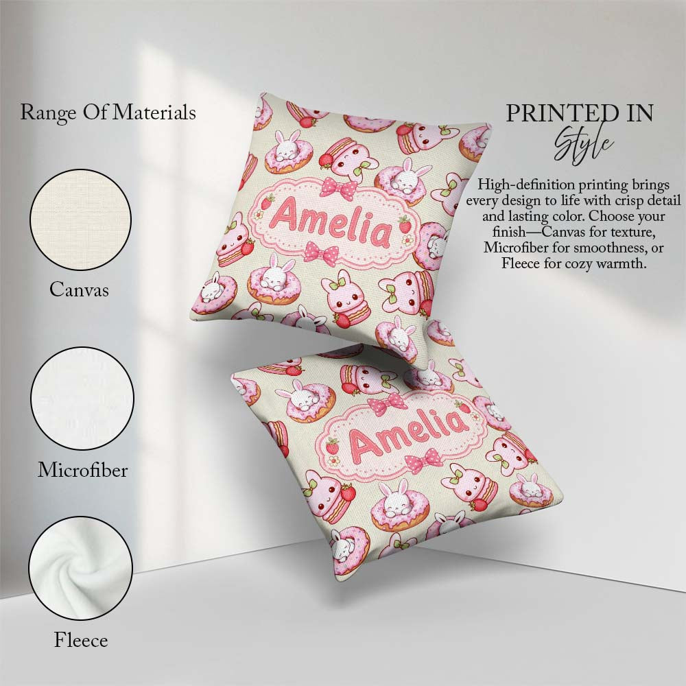 Custom Name Cute Bunny Donut Strawberry Dessert Cream Background Square Filled Cushion Throw Pillow Sofa Bed Home Decor Zip Washable UK Made