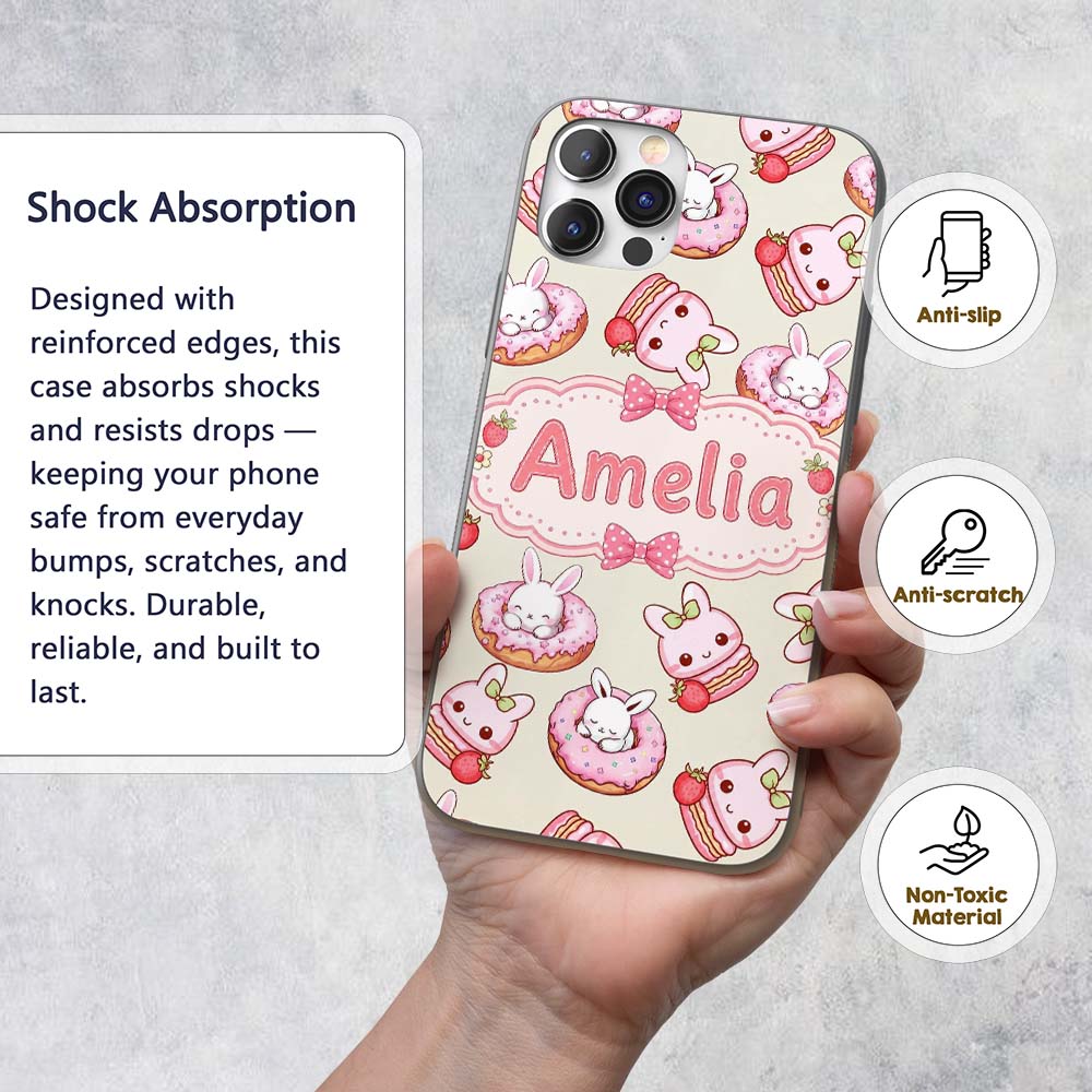 Cute Bunny Donut Strawberry Dessert Kawaii Cream Custom Name Protective Phone Case Mobile Cover Durable Everyday Smartphone Shock Resistant