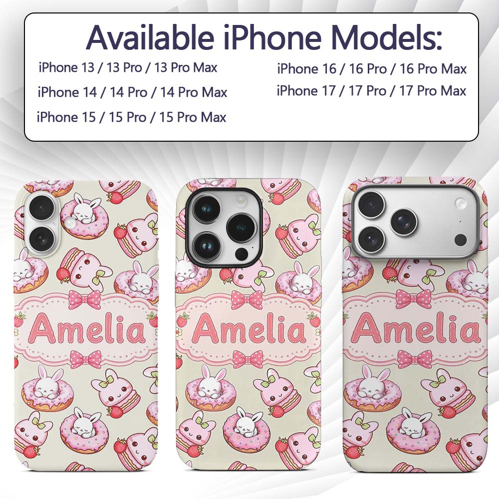 Cute Bunny Donut Strawberry Dessert Kawaii Cream Custom Name Protective Phone Case Mobile Cover Durable Everyday Smartphone Shock Resistant