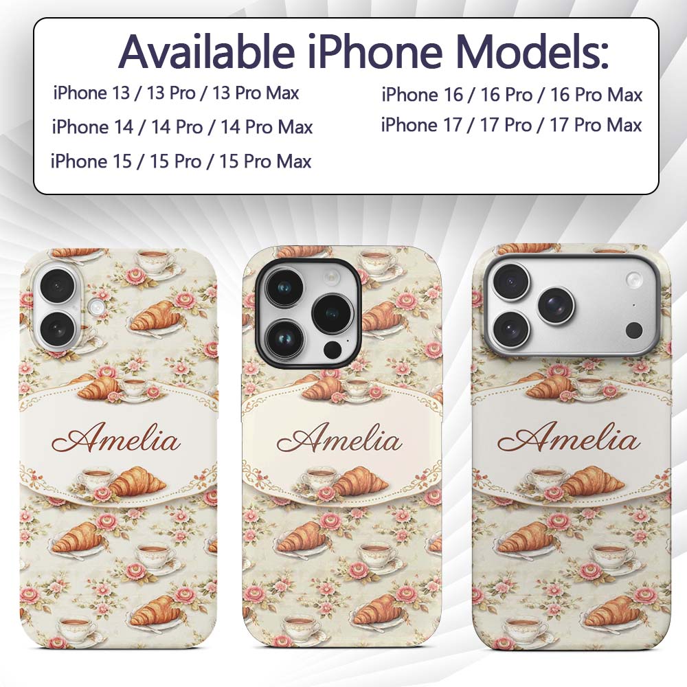 Floral Vintage Croissant Tea Cup Seamless Pattern Custom Name Protective Phone Case Mobile Cover Durable Everyday Smartphone Shock Resistant