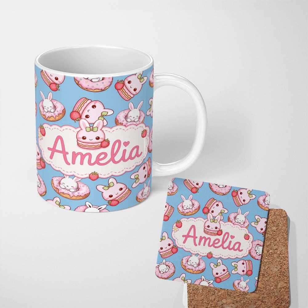 Personalized Custom Name Cute Bunny Donut Strawberry Dessert Kawaii Blue Background Seamless 11oz Ceramic Coffee Tea Mug White Large Handle