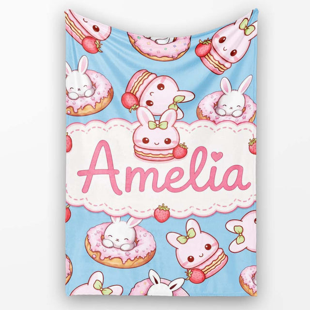 Cute Bunny Donut Strawberry Dessert Kawaii Blue Background Seamless  Personalised Custom Name Super Soft Fleece Blanket Bed Sofa Throw