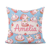 Custom Name Bunny Donut Strawberry Dessert Kawaii Blue Seamless Square Filled Cushion Throw Pillow Sofa Bed Home Decor Zip Washable UK Made