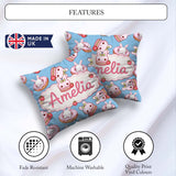 Custom Name Bunny Donut Strawberry Dessert Kawaii Blue Seamless Square Filled Cushion Throw Pillow Sofa Bed Home Decor Zip Washable UK Made
