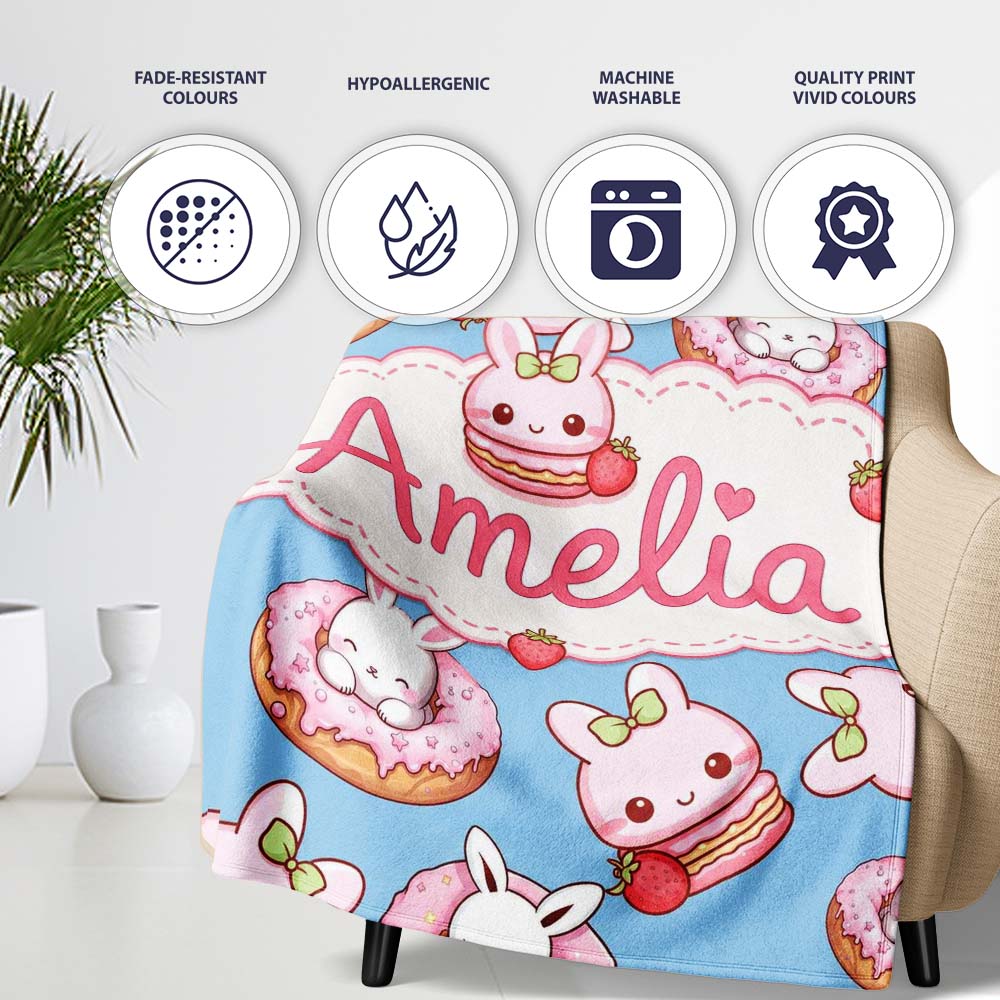 Cute Bunny Donut Strawberry Dessert Kawaii Blue Background Seamless  Personalised Custom Name Super Soft Fleece Blanket Bed Sofa Throw