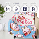 Cute Bunny Donut Strawberry Dessert Kawaii Blue Background Seamless  Personalised Custom Name Super Soft Fleece Blanket Bed Sofa Throw