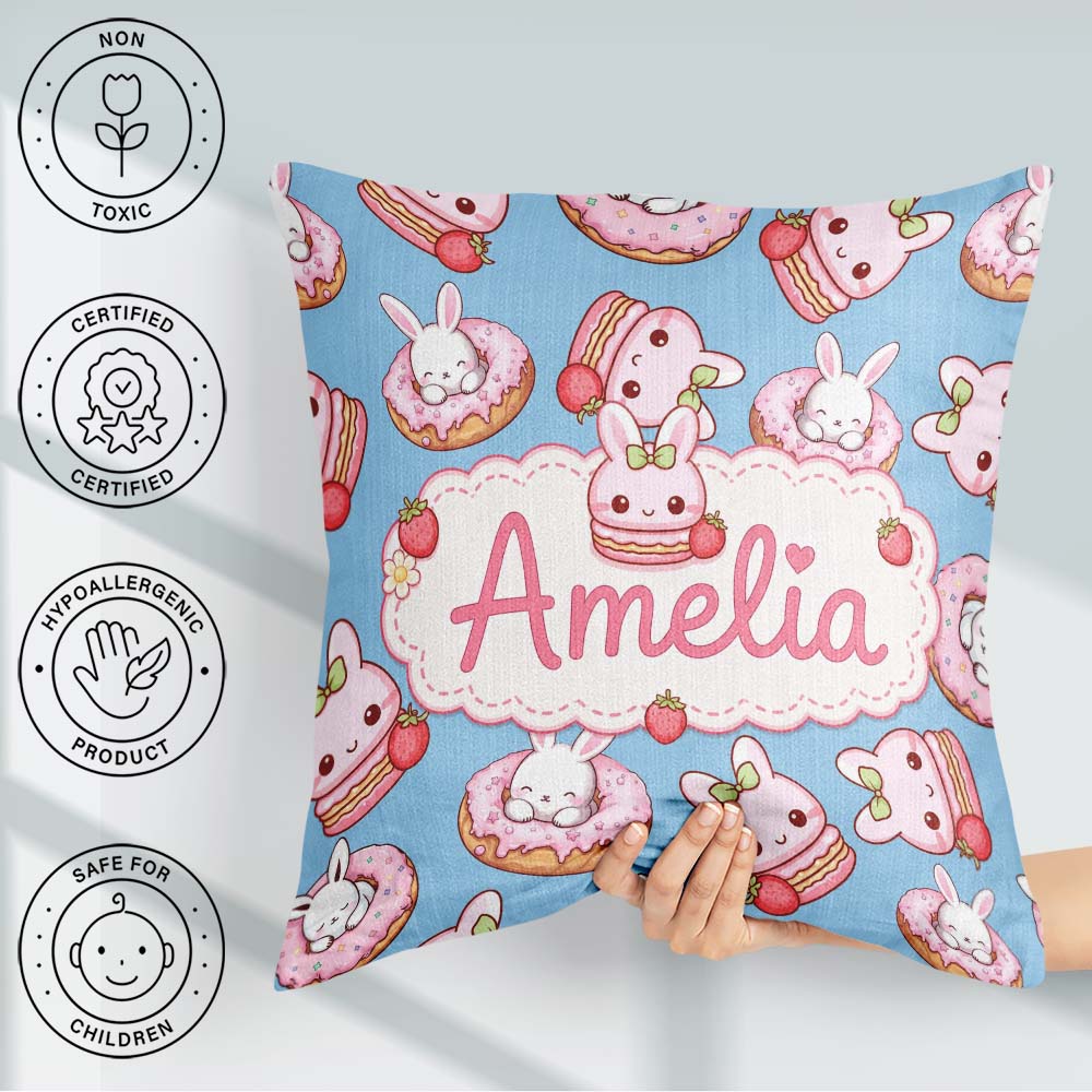 Custom Name Bunny Donut Strawberry Dessert Kawaii Blue Seamless Square Filled Cushion Throw Pillow Sofa Bed Home Decor Zip Washable UK Made