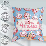 Custom Name Bunny Donut Strawberry Dessert Kawaii Blue Seamless Square Filled Cushion Throw Pillow Sofa Bed Home Decor Zip Washable UK Made