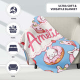 Cute Bunny Donut Strawberry Dessert Kawaii Blue Background Seamless  Personalised Custom Name Super Soft Fleece Blanket Bed Sofa Throw