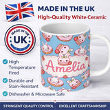 Personalized Custom Name Cute Bunny Donut Strawberry Dessert Kawaii Blue Background Seamless 11oz Ceramic Coffee Tea Mug White Large Handle