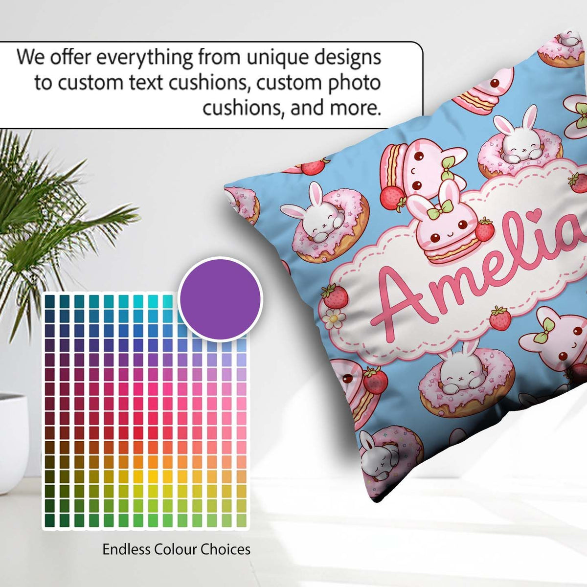 Custom Name Bunny Donut Strawberry Dessert Kawaii Blue Seamless Square Filled Cushion Throw Pillow Sofa Bed Home Decor Zip Washable UK Made