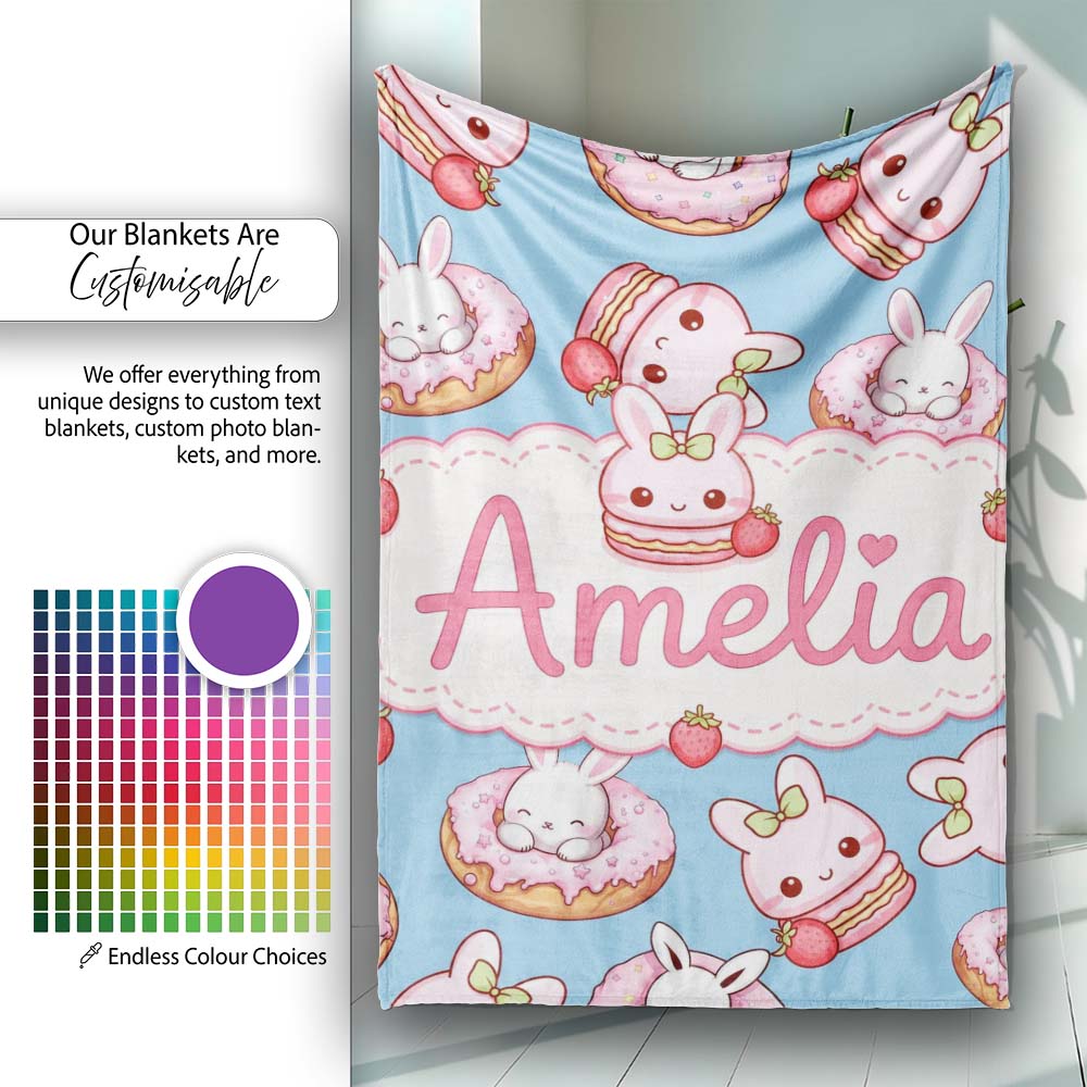 Cute Bunny Donut Strawberry Dessert Kawaii Blue Background Seamless  Personalised Custom Name Super Soft Fleece Blanket Bed Sofa Throw