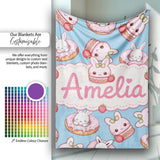 Cute Bunny Donut Strawberry Dessert Kawaii Blue Background Seamless  Personalised Custom Name Super Soft Fleece Blanket Bed Sofa Throw