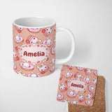 Personalized Custom Name Cute Bunny Donut Strawberry Dessert Kawaii Peach Background 11oz Ceramic Coffee Tea Mug White Large Handle