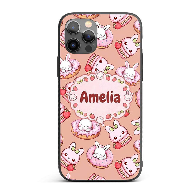 Cute Bunny Donut Strawberry Dessert Kawaii Peach Custom Name Protective Phone Case Mobile Cover Durable Everyday Smartphone Shock Resistant