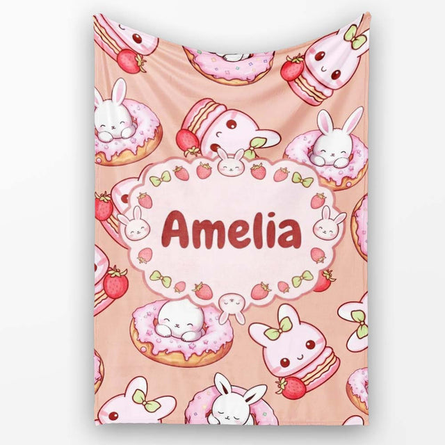 Cute Bunny Donut Strawberry Dessert Kawaii Peach Background  Personalised Custom Name Super Soft Fleece Blanket Bed Sofa Throw