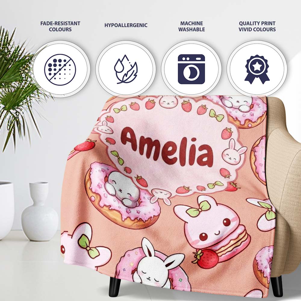 Cute Bunny Donut Strawberry Dessert Kawaii Peach Background  Personalised Custom Name Super Soft Fleece Blanket Bed Sofa Throw