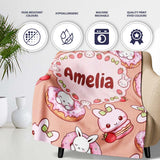 Cute Bunny Donut Strawberry Dessert Kawaii Peach Background  Personalised Custom Name Super Soft Fleece Blanket Bed Sofa Throw