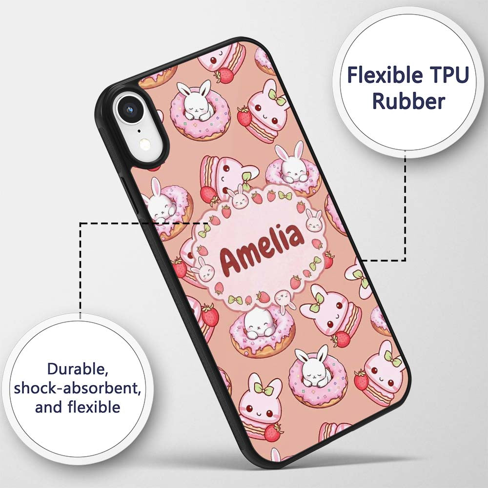 Cute Bunny Donut Strawberry Dessert Kawaii Peach Custom Name Protective Phone Case Mobile Cover Durable Everyday Smartphone Shock Resistant