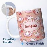 Personalized Custom Name Cute Bunny Donut Strawberry Dessert Kawaii Peach Background 11oz Ceramic Coffee Tea Mug White Large Handle
