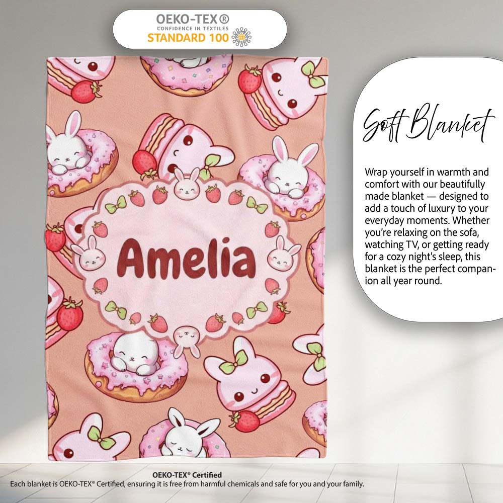 Cute Bunny Donut Strawberry Dessert Kawaii Peach Background  Personalised Custom Name Super Soft Fleece Blanket Bed Sofa Throw