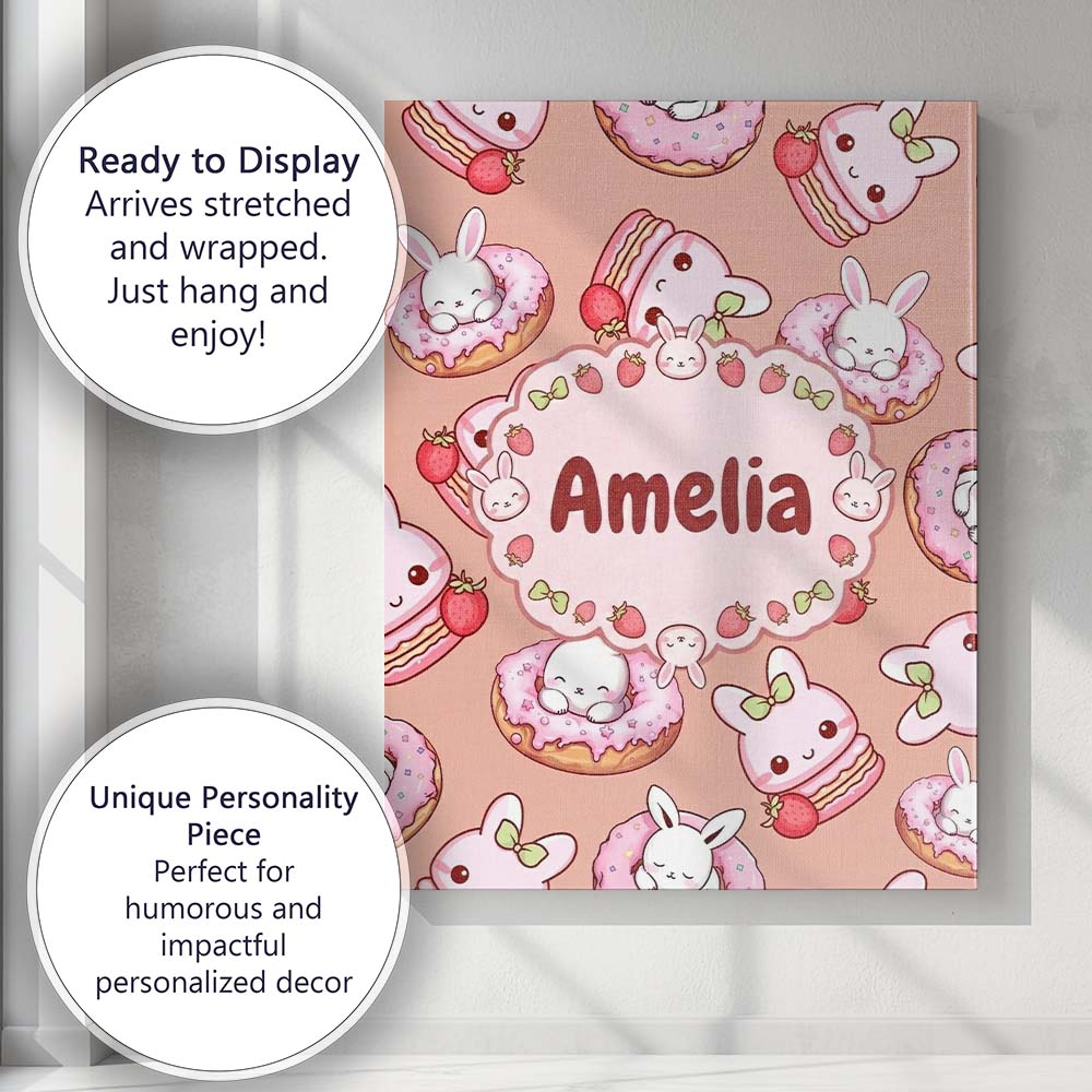 Personalised Name Cute Bunny Donut Strawberry Custom Unique Gift Idea Modern Room Accent Canvas Wall Art Print Decor Picture Ready to Hang