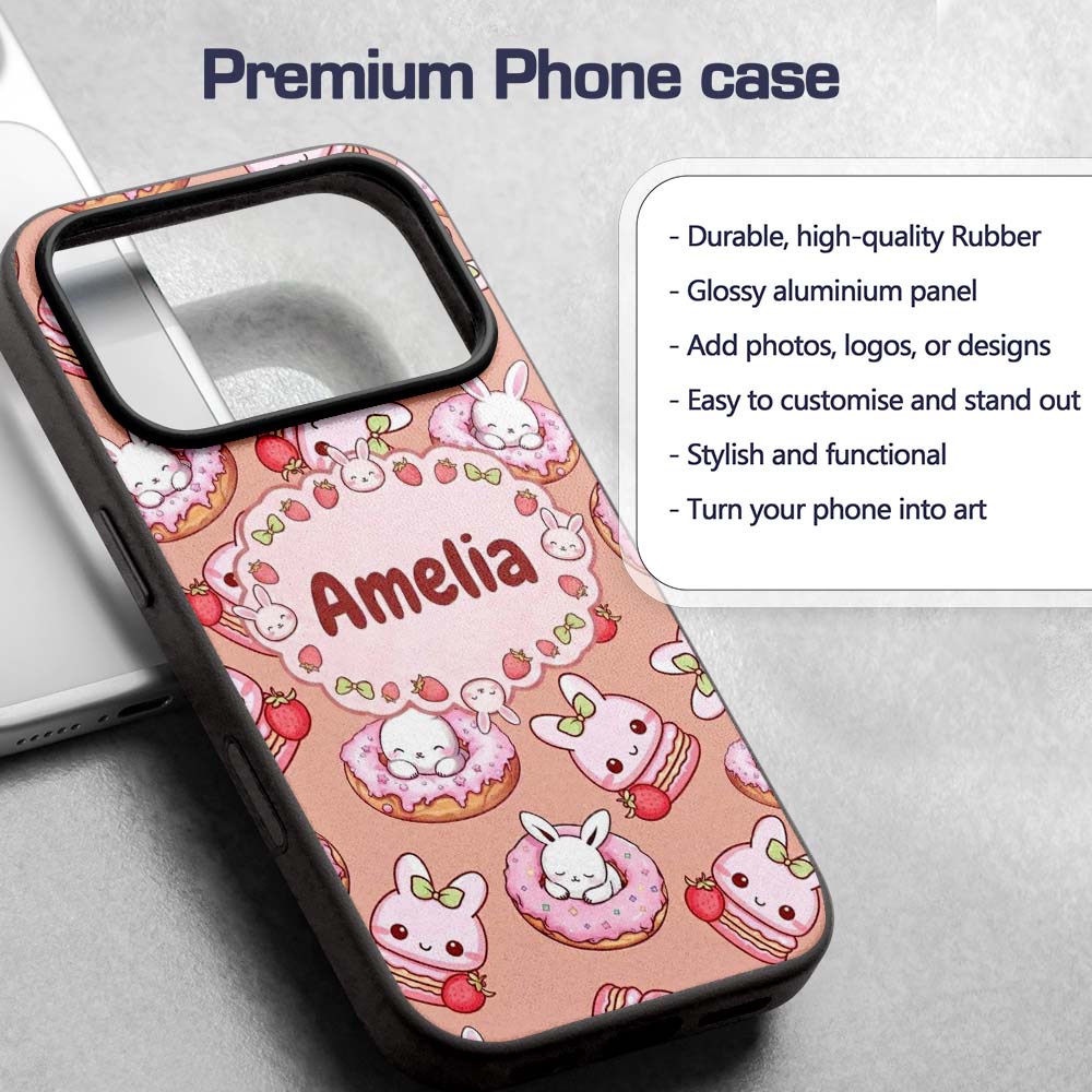 Cute Bunny Donut Strawberry Dessert Kawaii Peach Custom Name Protective Phone Case Mobile Cover Durable Everyday Smartphone Shock Resistant