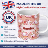 Personalized Custom Name Cute Bunny Donut Strawberry Dessert Kawaii Peach Background 11oz Ceramic Coffee Tea Mug White Large Handle