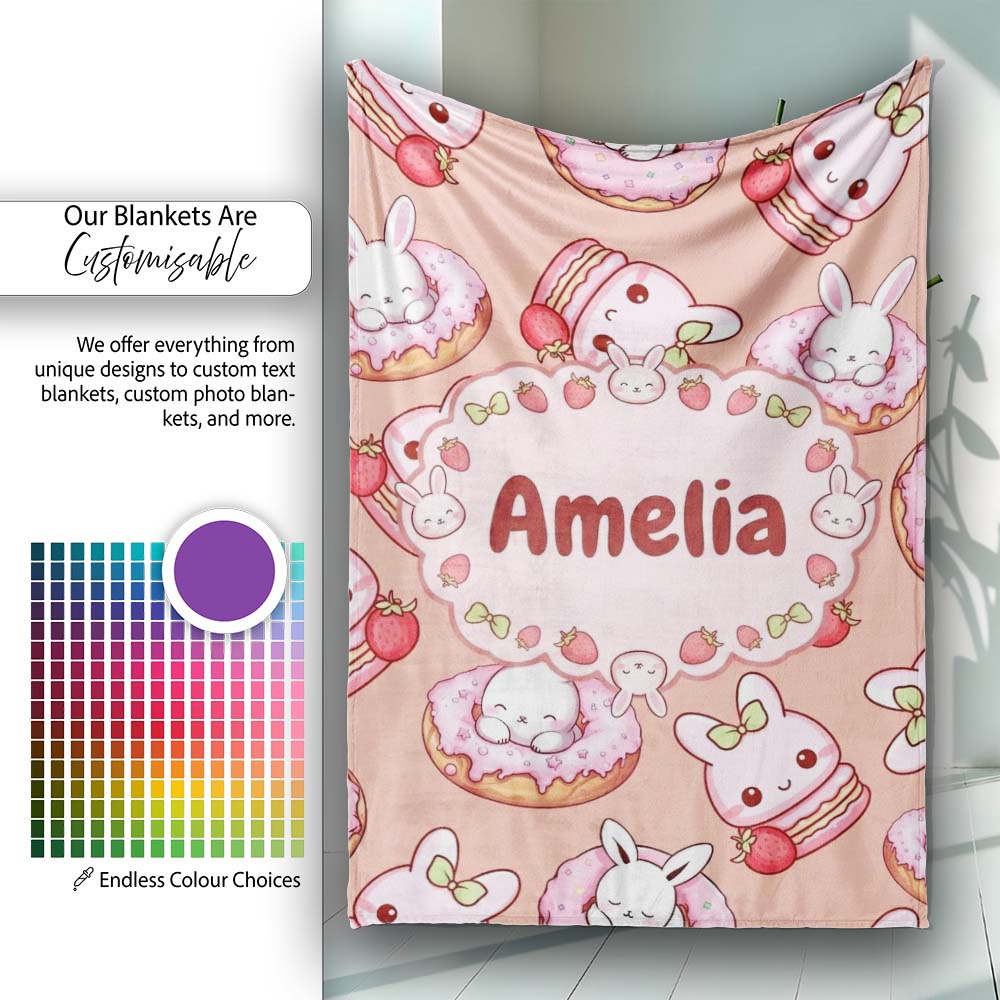 Cute Bunny Donut Strawberry Dessert Kawaii Peach Background  Personalised Custom Name Super Soft Fleece Blanket Bed Sofa Throw