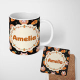Personalized Custom Name Cute Carrot Bunny Donut Easter Dessert Black Background Seamless 11oz Ceramic Coffee Tea Mug White Large Handle