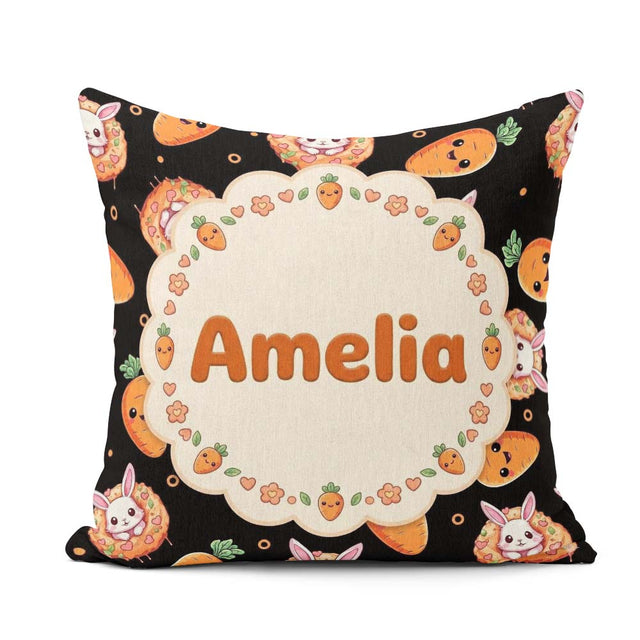 Custom Name Carrot Bunny Donut Dessert Black Background Seamless Square Filled Cushion Throw Pillow Sofa Bed Home Decor Zip Washable UK Made
