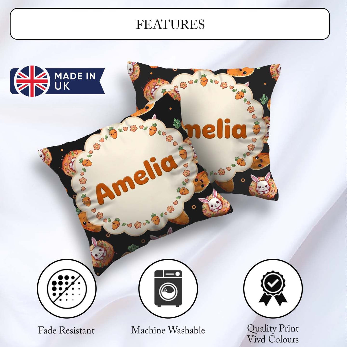 Custom Name Carrot Bunny Donut Dessert Black Background Seamless Square Filled Cushion Throw Pillow Sofa Bed Home Decor Zip Washable UK Made