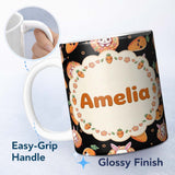 Personalized Custom Name Cute Carrot Bunny Donut Easter Dessert Black Background Seamless 11oz Ceramic Coffee Tea Mug White Large Handle